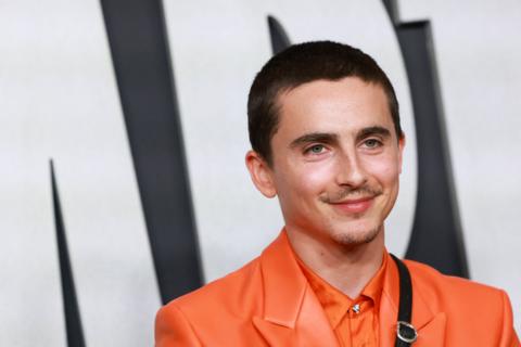 Timothée Chalamet wears an orange shirt and orange jacket on the red carpet.