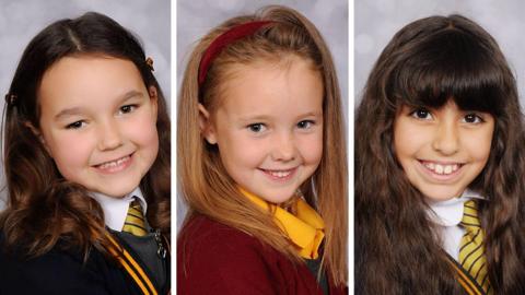 A three-way composite shows Bebe King, Elsie Dot Stancombe and Alice da Silva Aguiar posing as schoolchildren.