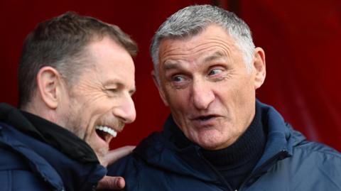 Gary Rowett and Tony Mowbray laughing pre-match