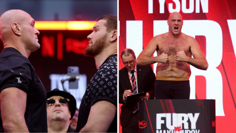 Split image of Tyson Fury facing off with Arslanbek Makhmudov and Fury weighing in