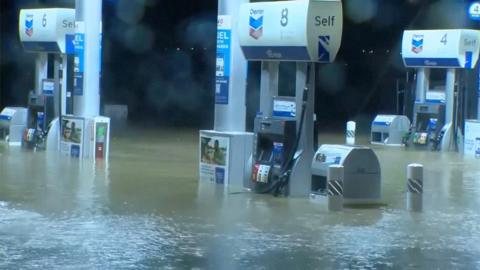 Flooded petrol station