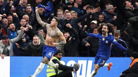 Enzo Fernandez and Marc Cucurella celebrate the 92nd-minute winner by Chelsea against West Ham