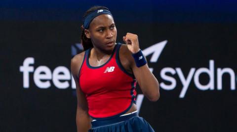 Coco Gauff reacts to a shot in Sydney