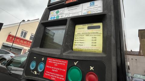 A car park payment machine with details of pricing including 'Up to 2 hours FREE'