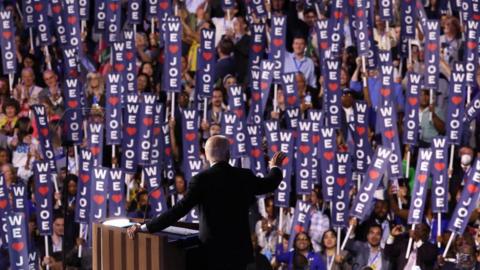 U.S. President Joe Biden addresses delegates on Day one of the Democratic National Convention (DNC) in Chicago, Illinois, U.S., August 19, 2024.