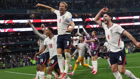 Harry Kane #9 of England celebrates after the FIFA World Cup 2026 Round Of 16 match between Mexico and England at Mexico City Stadium on July 05, 2026 in Mexico City, Mexico
