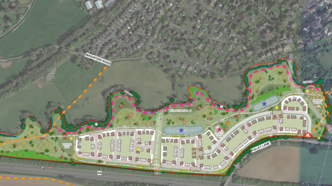 An aerial illustration of a proposed housing development with a red line around it. There are green spaces and trees illustrated