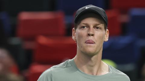 Jannik Sinner reacts during a match at the Shanghai Masters