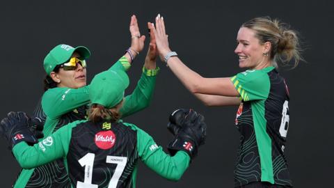 Southern Brave bowler Lauren Bell (right) celebrates a wicket