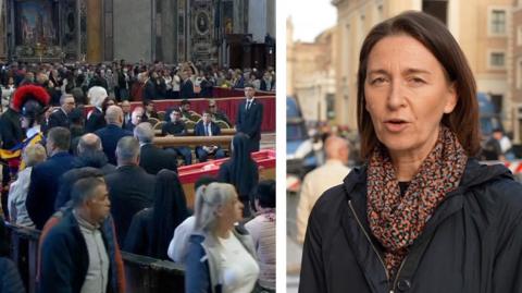 Mourners queuing to see Pope's coffin on left side of picture, BBC's Sarah Rainsford on right side