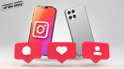 The front and back of a smartphone with an Instagram logo and some Instagram style graphics