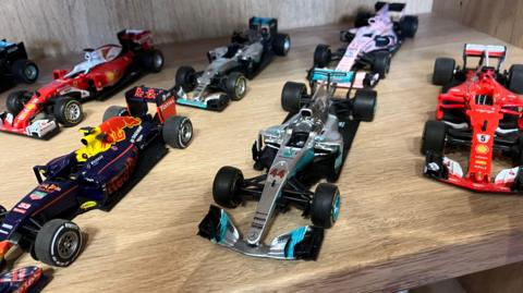 A close-up of Formula 1 models created by collector