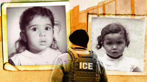 A treated image showing Shirley Chung, right, and an adoptee from Iran who requested anonymity, around the age they arrived in the United States. The back of an ICE agent is seen in front of them.