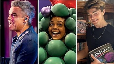 A composite image of three people - on the left, a man with his mouth open looks to the left, he has grey short hair and wears a blue denim jacket. In the middle, a woman smiles with her mouth open with green balloons around her head. On the right, a man with longish brown hair smiles to the camera while holding a book