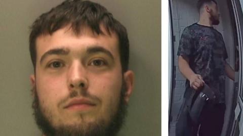 Two images of Taylor Mitten. On the left is a mug shot, and on the right is camera footage of him leaving a property.