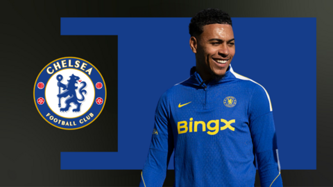 Morgan Rogers in front of blue and black background with Chelsea badge