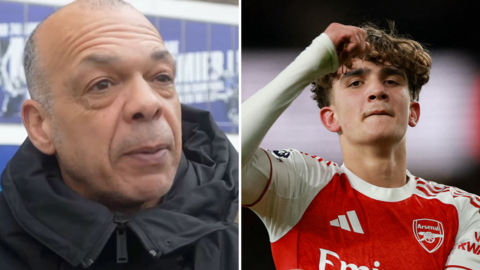 Jason Dozzell is wearing a dark coat standing outside the Ipswich Town football stadium. Max Dowman is on the pitch wearing a red Arsenal shirt.