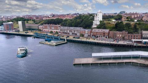 Artist's impression of the new ferry landing at North Shields. It is an overhead shot of a small blue-and-white ferry going into port. There is a landing area with a walkway surrounded by blue steelwork. Houses line the quayside with trees and other buildings behind.