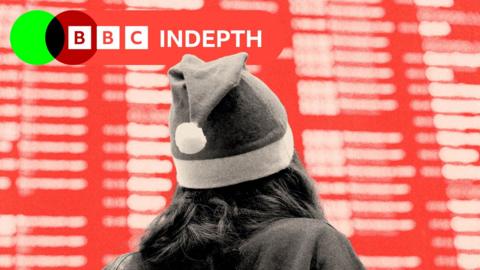 A treated image of a woman in Christmas hat looking at a board of train departures