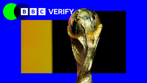 The FIFA World Cup 2026 trophy. A golden globe is at the top of the trophy, and is held by two gold human figures that twist down to the base. The blue and green BBC Verify logo is in the top left corner.