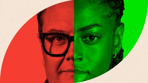 A treated image showing half of Alan Carr's face and half of Cat Burns'