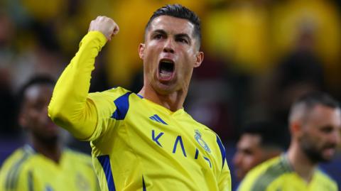 Cristiano Ronaldo celebrating a goal for Al-Nassr