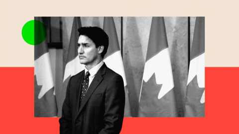 Montage image with Justin Trudeau in front of Canadian flags
