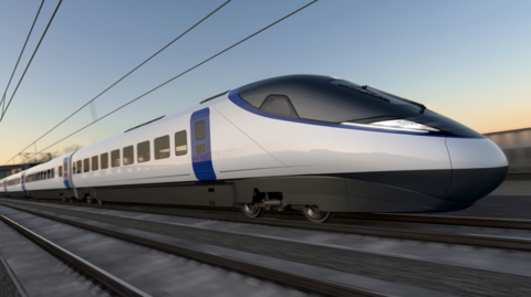 An early visualisation of a white HS2 train with blue door seen speeding along a track