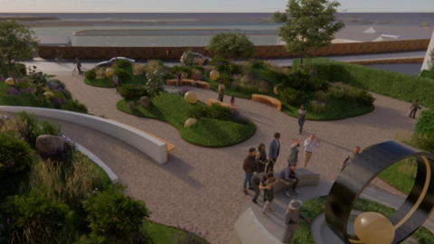 A animated image of the area. There is a number of plants and grassland surrounding a path. There is people walking on the path with a memorial pictured in the bottom right.