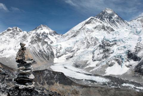 A picture of Mount Everest looming over the valley below.