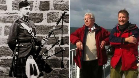 Stuart Flett and his father, Rodney standing together in red coats in front of some railings outside with sea behind them. Next to it is a black and white photograph of a man in traditional Scottish dress with bagpipes standing in front of a brick wall.