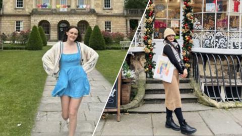 A split image showing two scenes. On the left, a person stands outdoors on a stone path in front of a large historic building with arched doorways, tall windows, neatly trimmed hedges and a green lawn; the person is wearing a blue dress and a light cardigan. On the right, the same person is shown standing on a pavement outside a shop decorated with festive garlands and ornaments, holding a large tote bag with artwork printed on it; the shopfront features white-framed windows and seasonal displays.