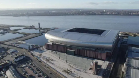 An aerial view of Everton's new stadium at Bramley Moore Dock