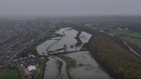Ariel view of River Erewash, near Trowell, in Derbyshire, which is flooded.