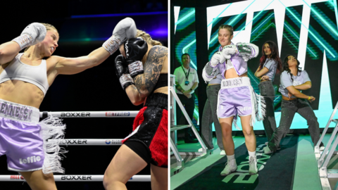 Split image of Francesca Hennessy punching Fabiana Bytyqi and Francesca Hennessy dancing in her ringwalk