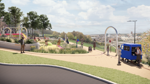 A CGI image of a small park overlooking the city. There is a little coffee van and a kid's play area. 