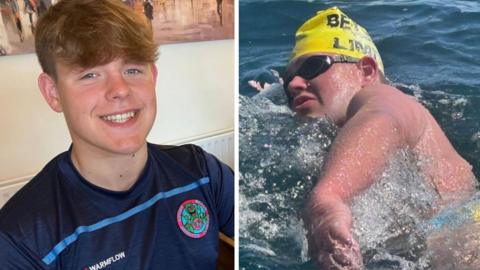 (Left) Oscar Black smiles in a blue shirt, (Right) Oscar Black swimming in a yellow cap and goggles