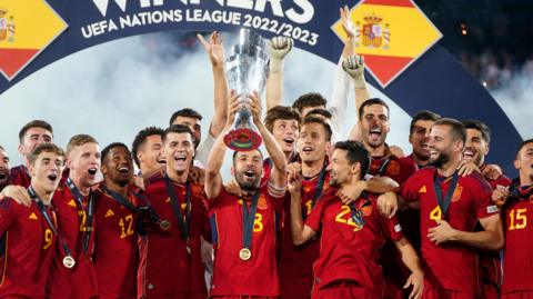 Spain lifting the Nations League trophy in 2022-23