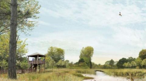 A CGI image showing a green area with pond, long grasses, viewing platform and trees. Birds are flying in blue skies and no people can be seen.