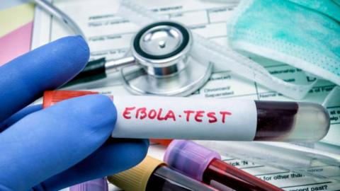A test tube with blood in it, labelled "ebola test"