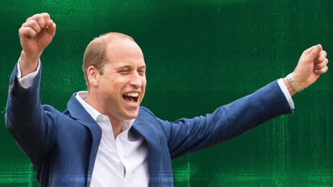 A designed image of Prince William cheering with his arms up over a green background.