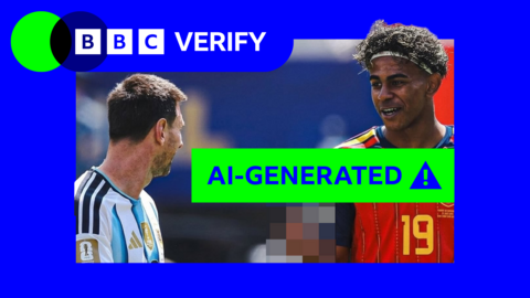 An AI-generated image of Spain's Lamine Yamal showing Argentina's Lionel Messi the middle finger. There is blue and green BBC Verify branding in the top left.