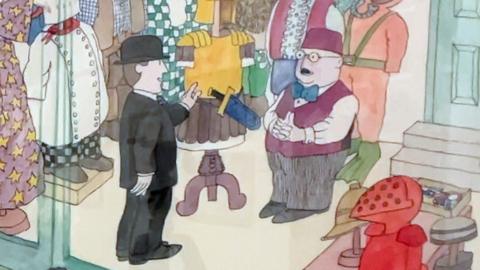 Artwork depicts the character Mr Benn meeting the mysterious shopkeeper
