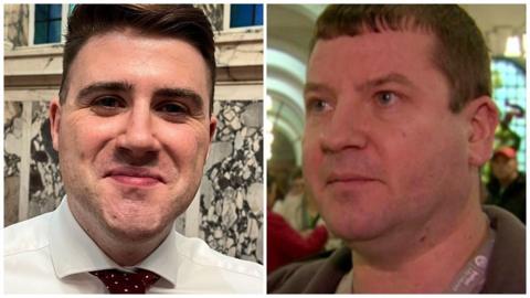 A collage image showing the heads of two people - one the right is a fairly young man, who is smiling with his mouth clothed. This is Dean McCullough. He is wearing a white shirt and a dark tie with white spots and has short brown hair. On the left is Ciaran Beattie. He also has short brown hair and is wearing a light green jacket.