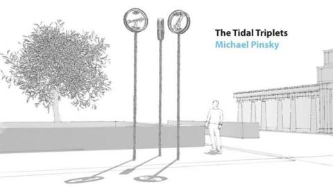 A white and grey mock up image depicting the structure. It shows three tall structures side-by-side. A drawing of a tree, small wall and building in the background. A person is standing next to the art. 
