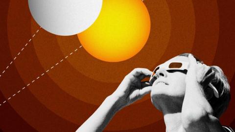 Graphic of a woman looking up at a sun and a moon in the sky while wearing protective glasses