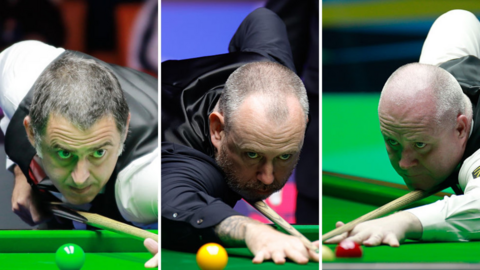 Ronnie O'Sullivan, Mark Williams and John Higgins with their cues