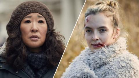 A split image of Sandra Oh and Jodie Comer