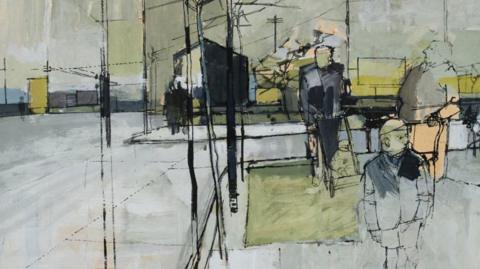 A painting/drawing of people walking along a grey street. It is quite abstract with lots of straight lines and dark shades