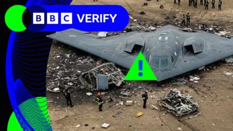 An American B-2 bomber is seen on the ground with people surrounding it. The AI-generated image has a large BBC Verify logo overlaid it, and a green exclamation warning.